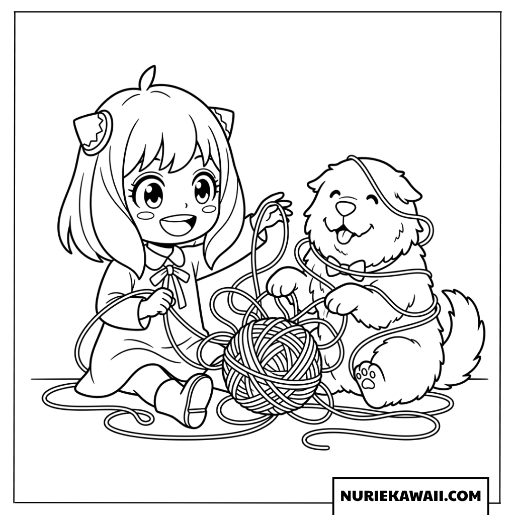 毛糸玉で無邪気に遊ぶちびアーニャとボンドの塗り絵
