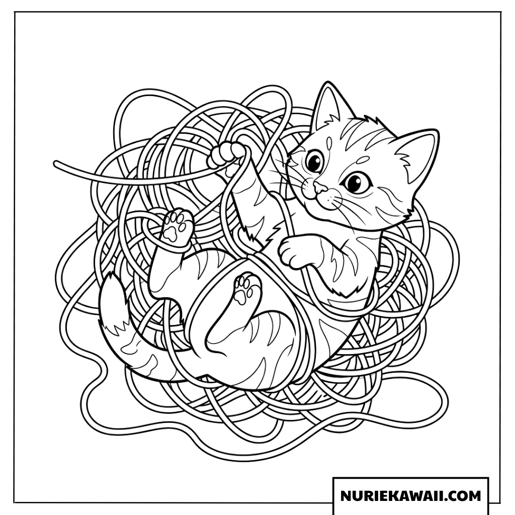 毛糸玉で遊ぶ子猫の塗り絵