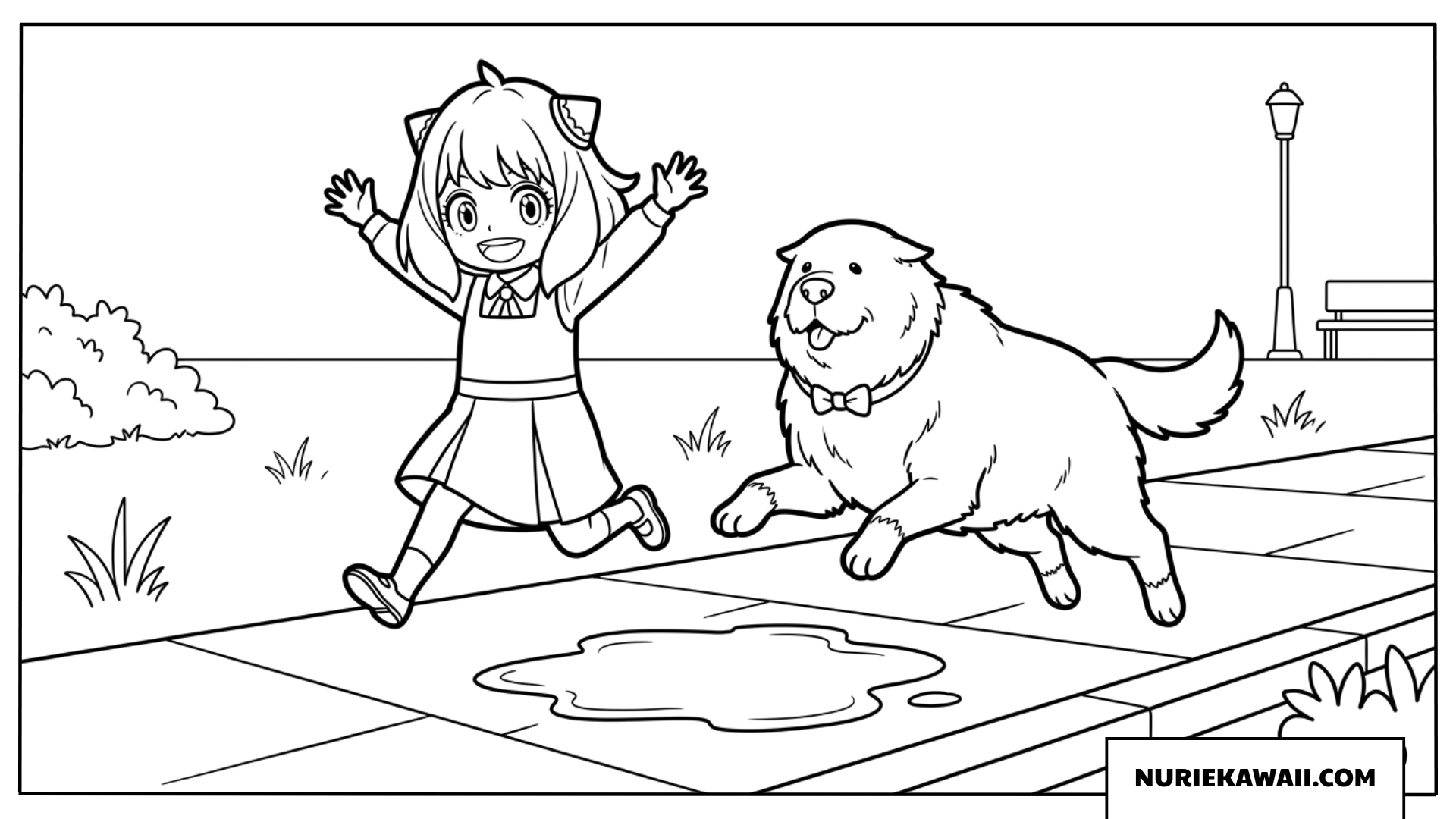 水たまりを元気に飛び越えるアーニャとボンドの塗り絵