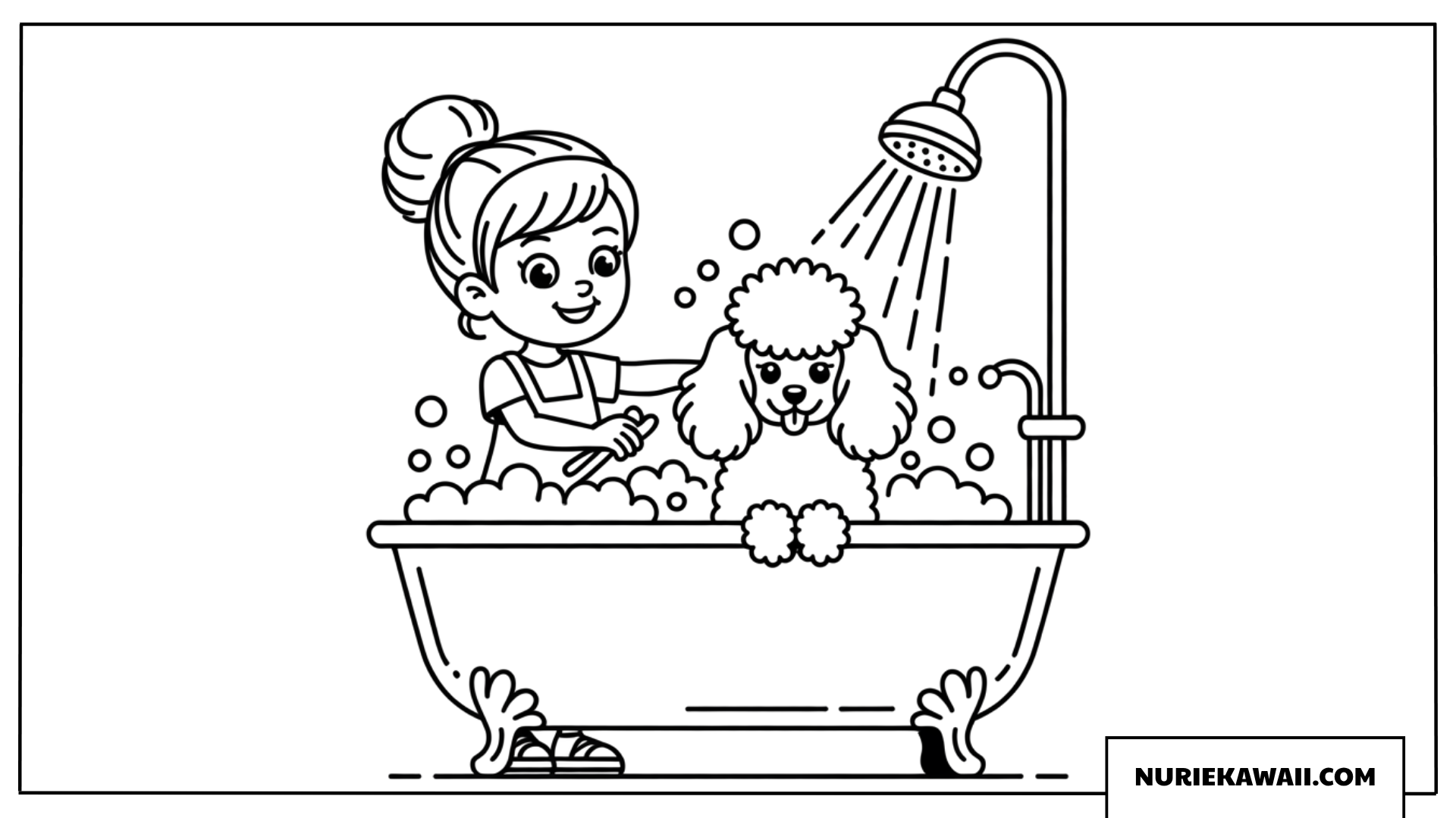 泡いっぱいのバスタブでプードル犬を洗うトリマー女の子塗り絵