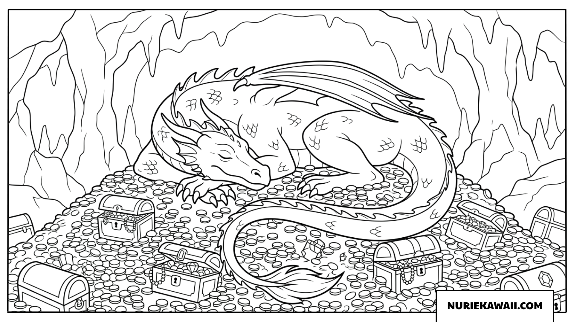 洞窟の財宝の山の上で眠るドラゴンの塗り絵