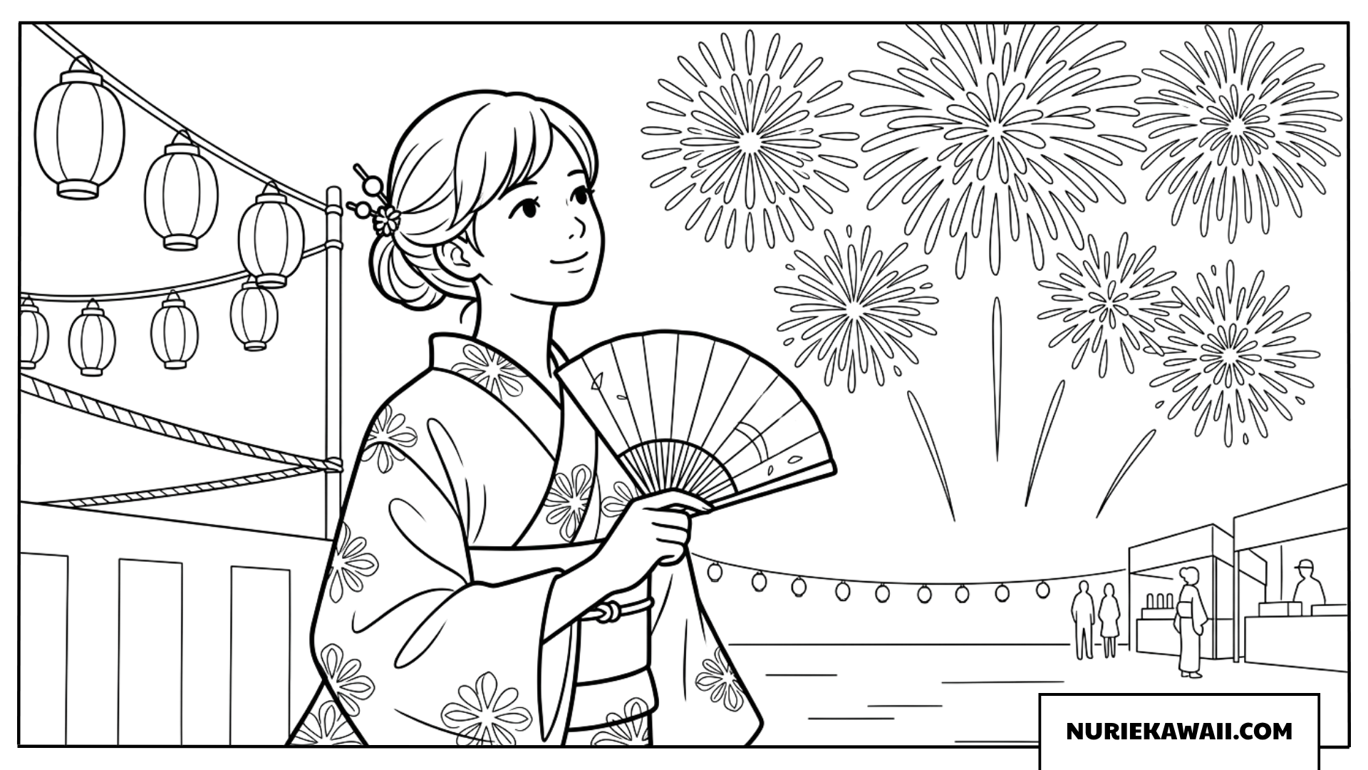 浴衣を着て夏の夜空に打ち上がる綺麗な花火を眺める女の子の塗り絵