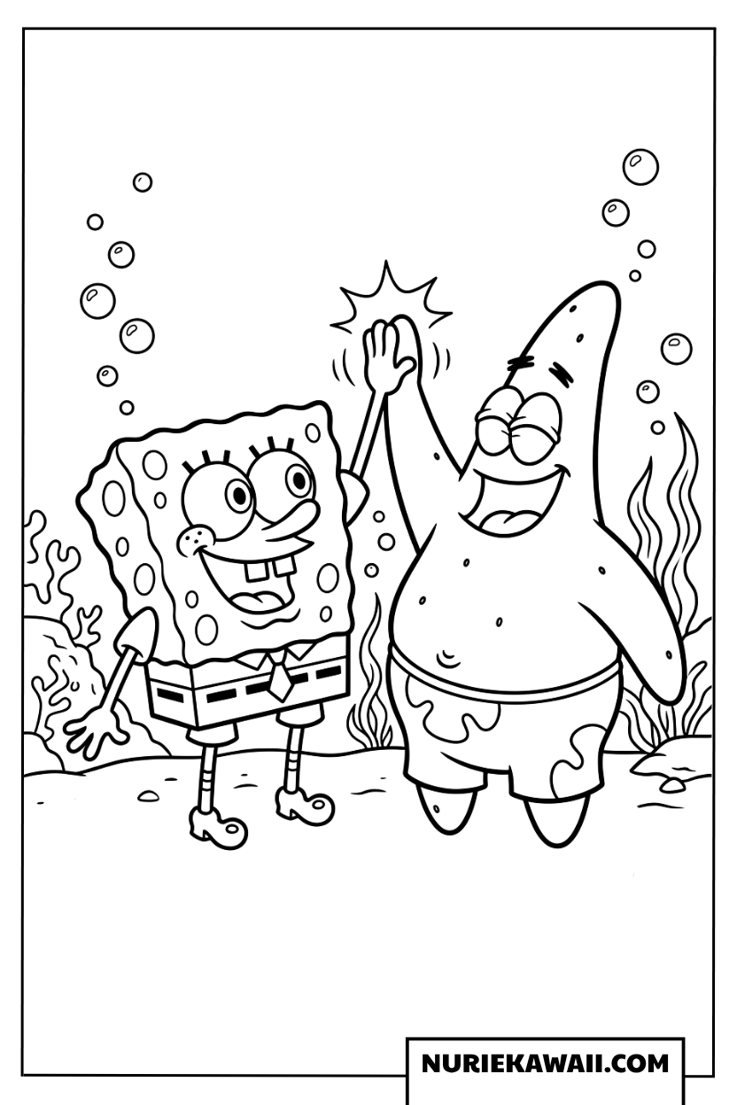 海底でハイタッチをするスポンジボブとパトリックの塗り絵