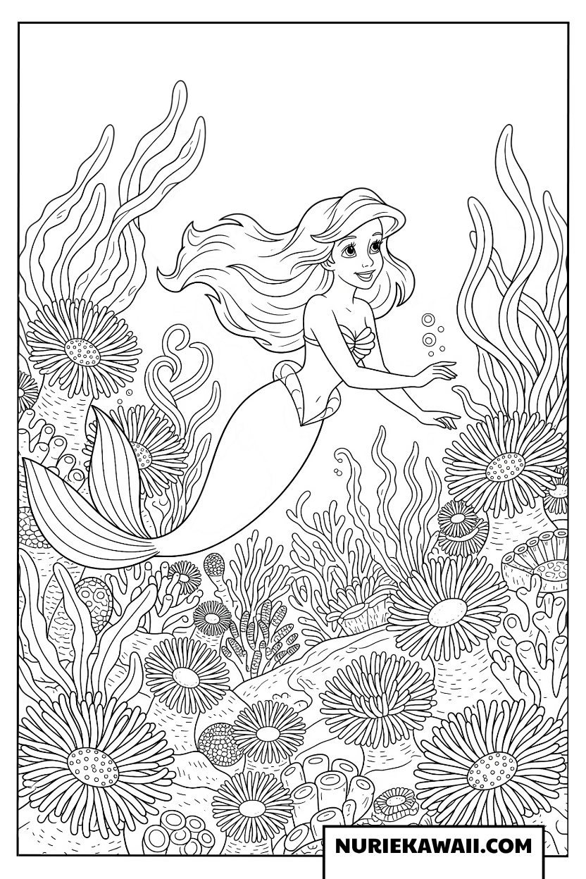 海底サンゴ礁を泳ぐアリエル塗り絵