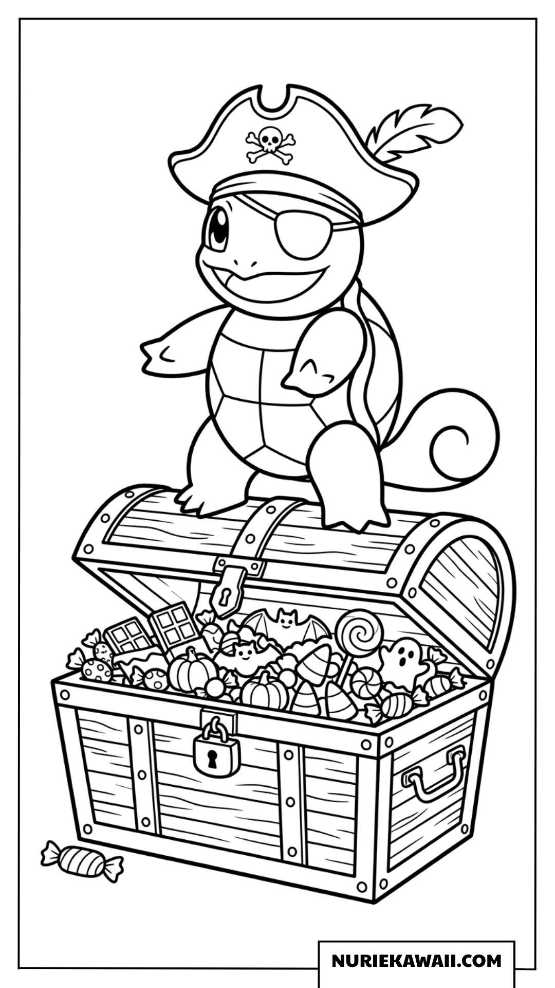 海賊の仮装をしてカボチャを持つ可愛いゼニガメの塗り絵
