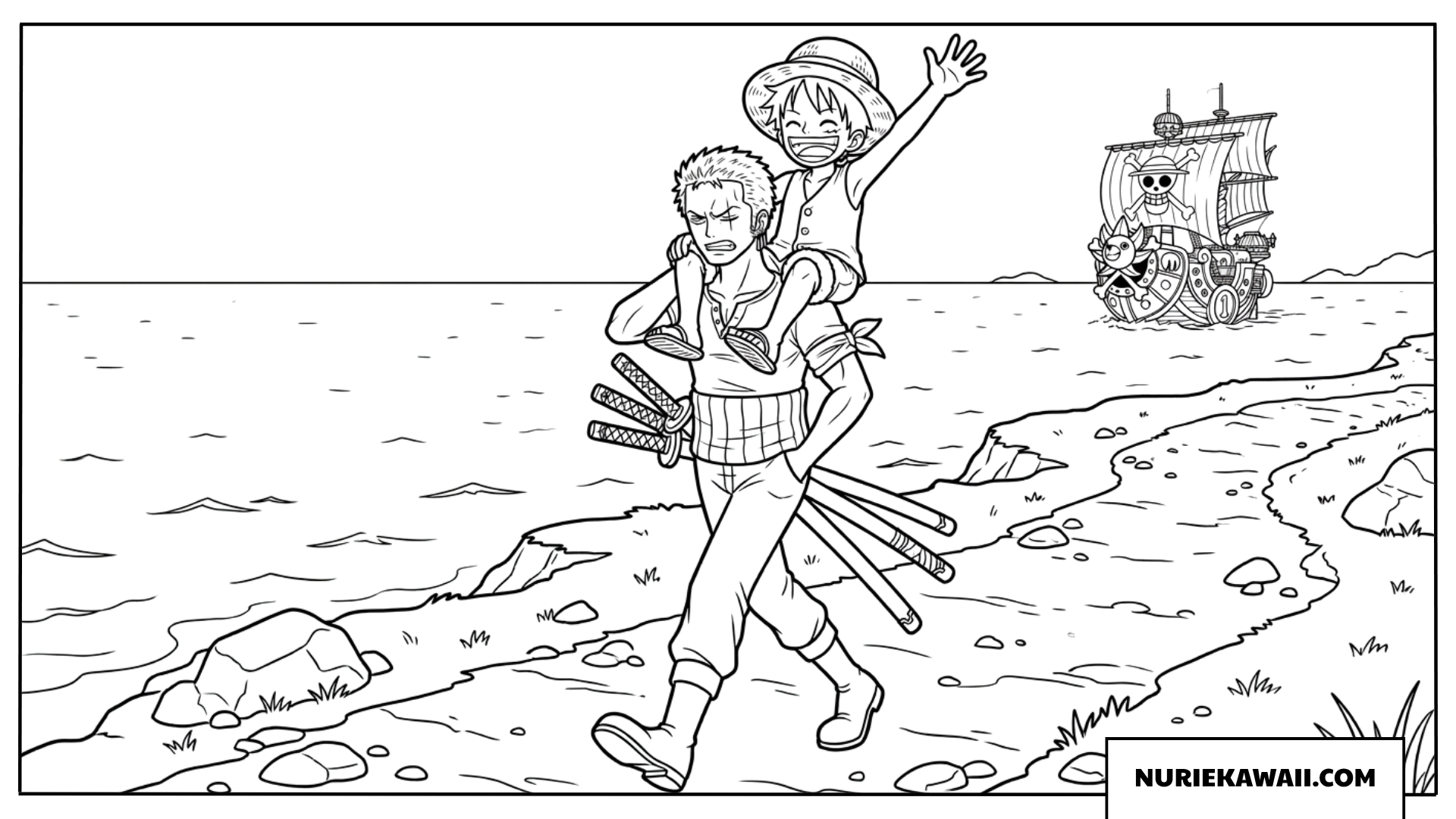 海辺でゾロの肩に乗り元気に手を振るルフィの塗り絵