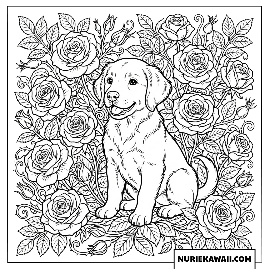 満開に咲き誇る美しい薔薇の花園に囲まれて微笑む子犬の塗り絵