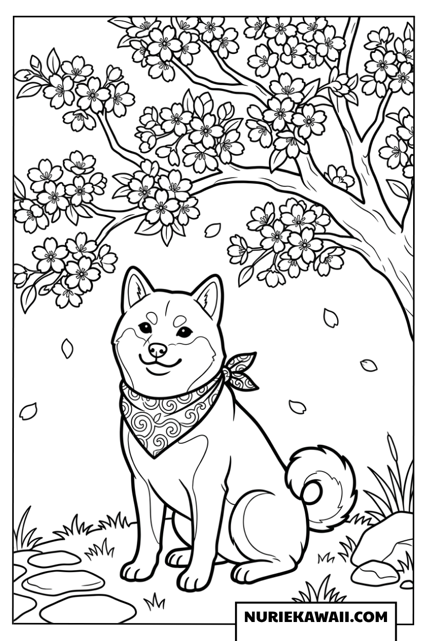 満開の桜の木の下でたたずむ柴犬の塗り絵