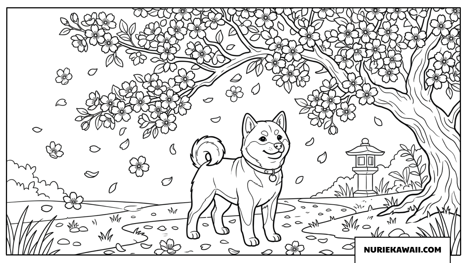 満開の桜の木の下で佇む柴犬の子犬の塗り絵