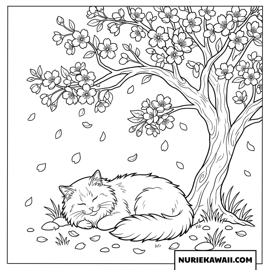 満開の桜の木の下で気持ちよく眠る猫の和風塗り絵