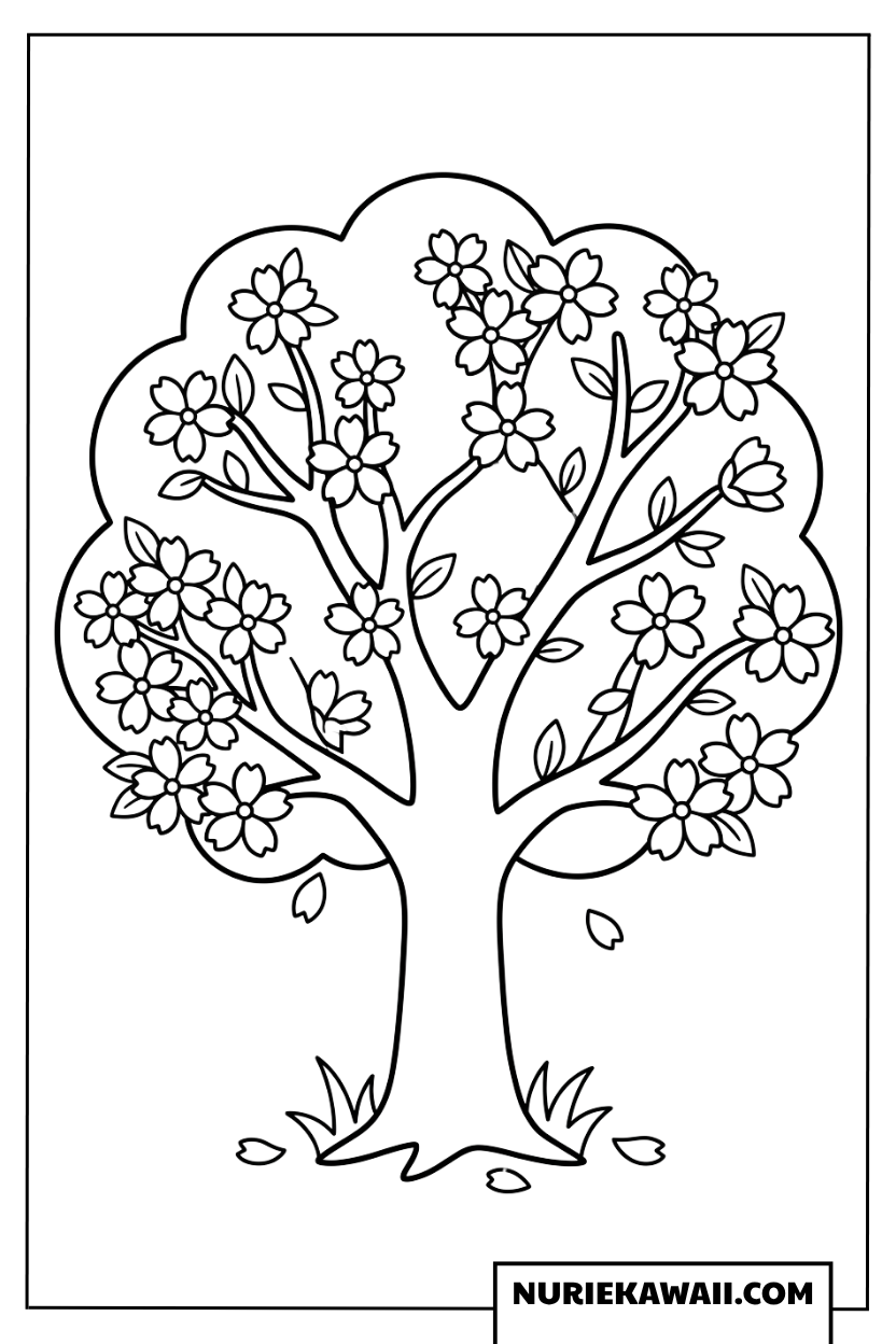 満開の桜の木の塗り絵