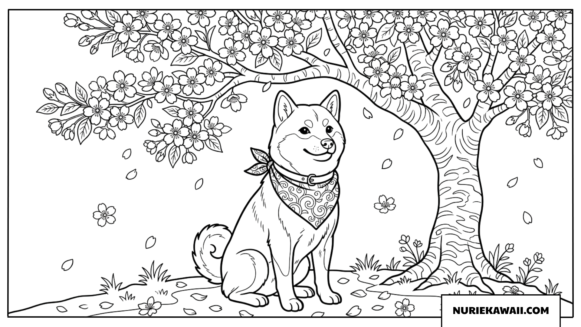 満開の美しい桜の木の下で唐草模様のバンダナを巻いてお座りする柴犬の春の塗り絵