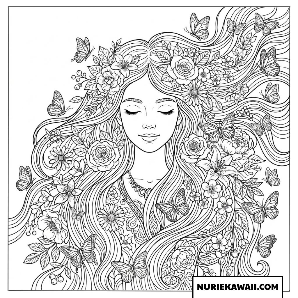 満開の花々と蝶々が髪に舞う幻想的な女の子の塗り絵