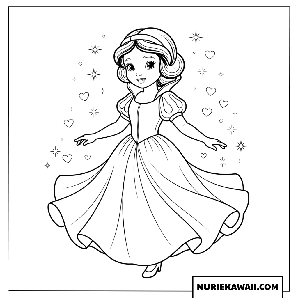 満面の笑みを浮かべた白雪姫の塗り絵