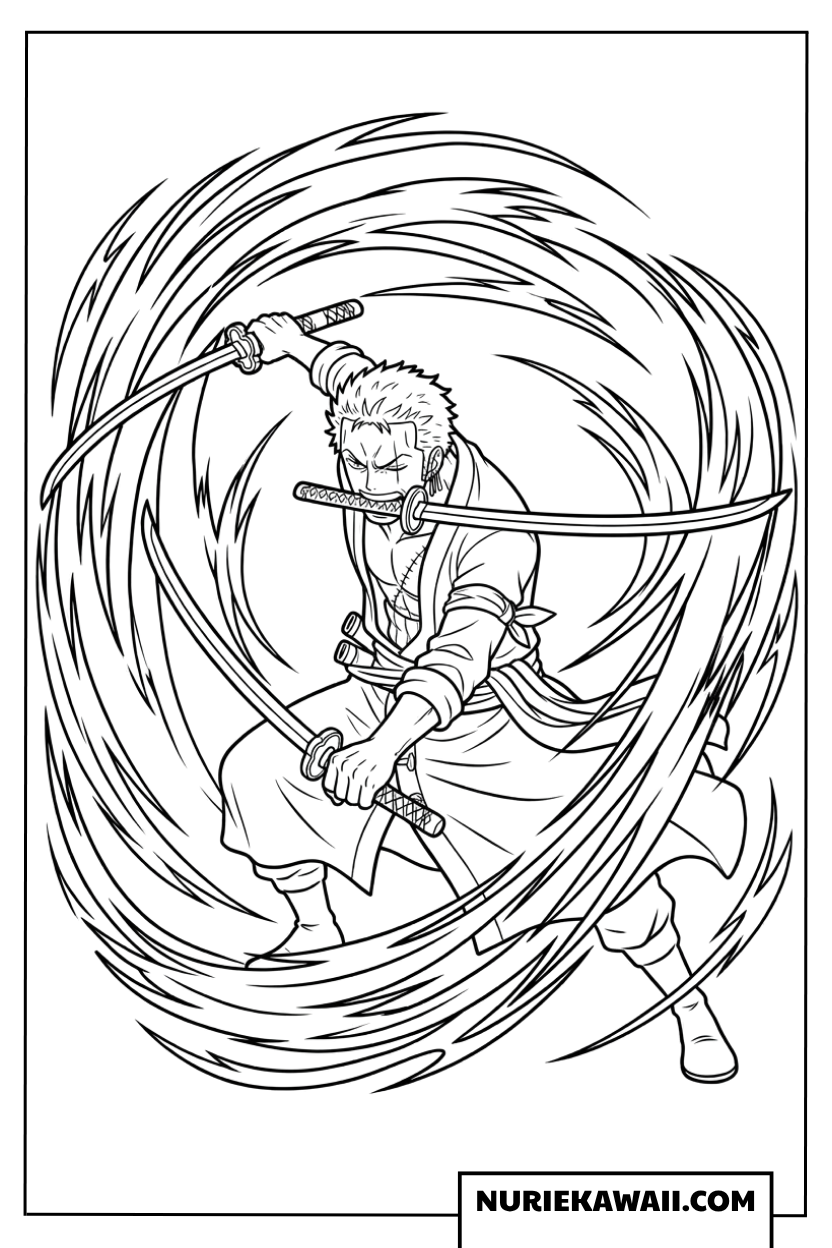激しい竜巻のような斬撃を繰り出すゾロの塗り絵