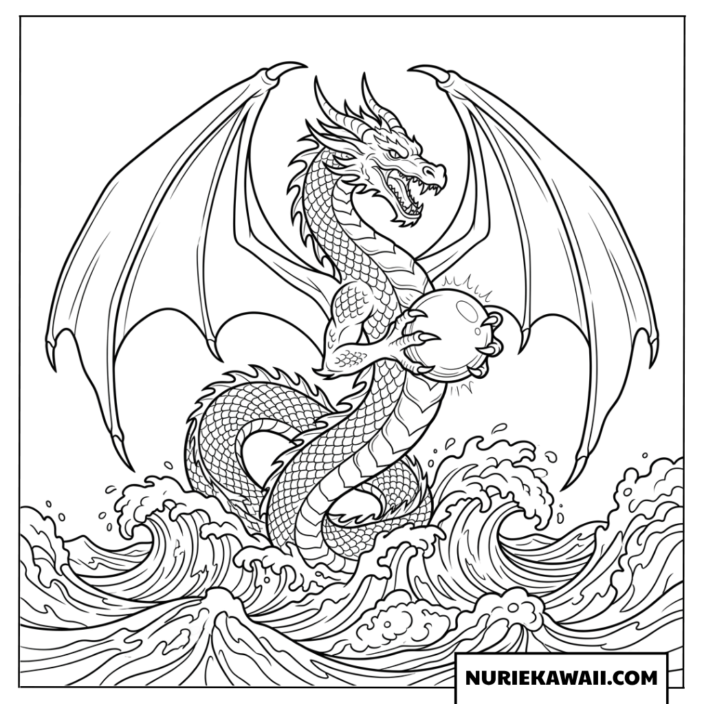 激しく荒れ狂う波から大きな翼を広げて力強く湧き上がる龍の 塗り絵