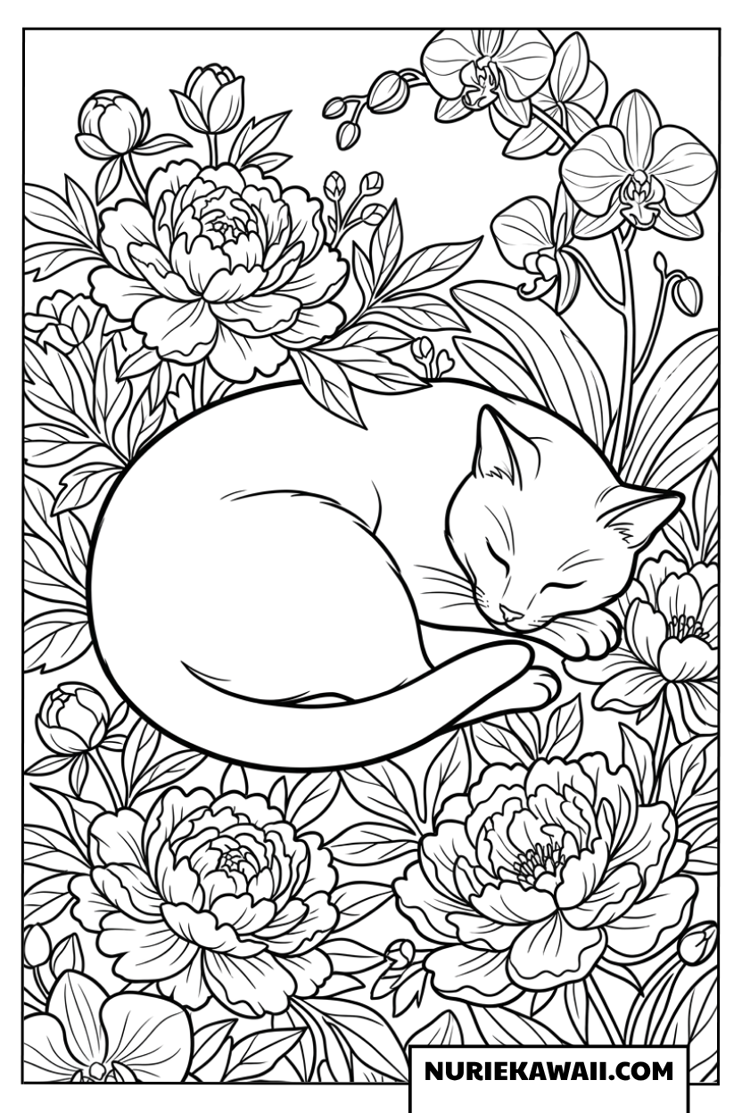 牡丹と胡蝶蘭の庭で眠る猫の塗り絵