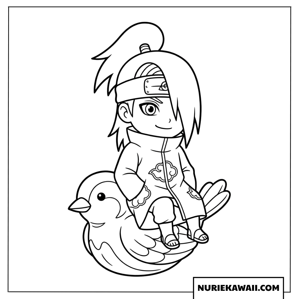 特徴的な粘土鳥の背中に乗って不敵に微笑むデイダラちびキャラの塗り絵
