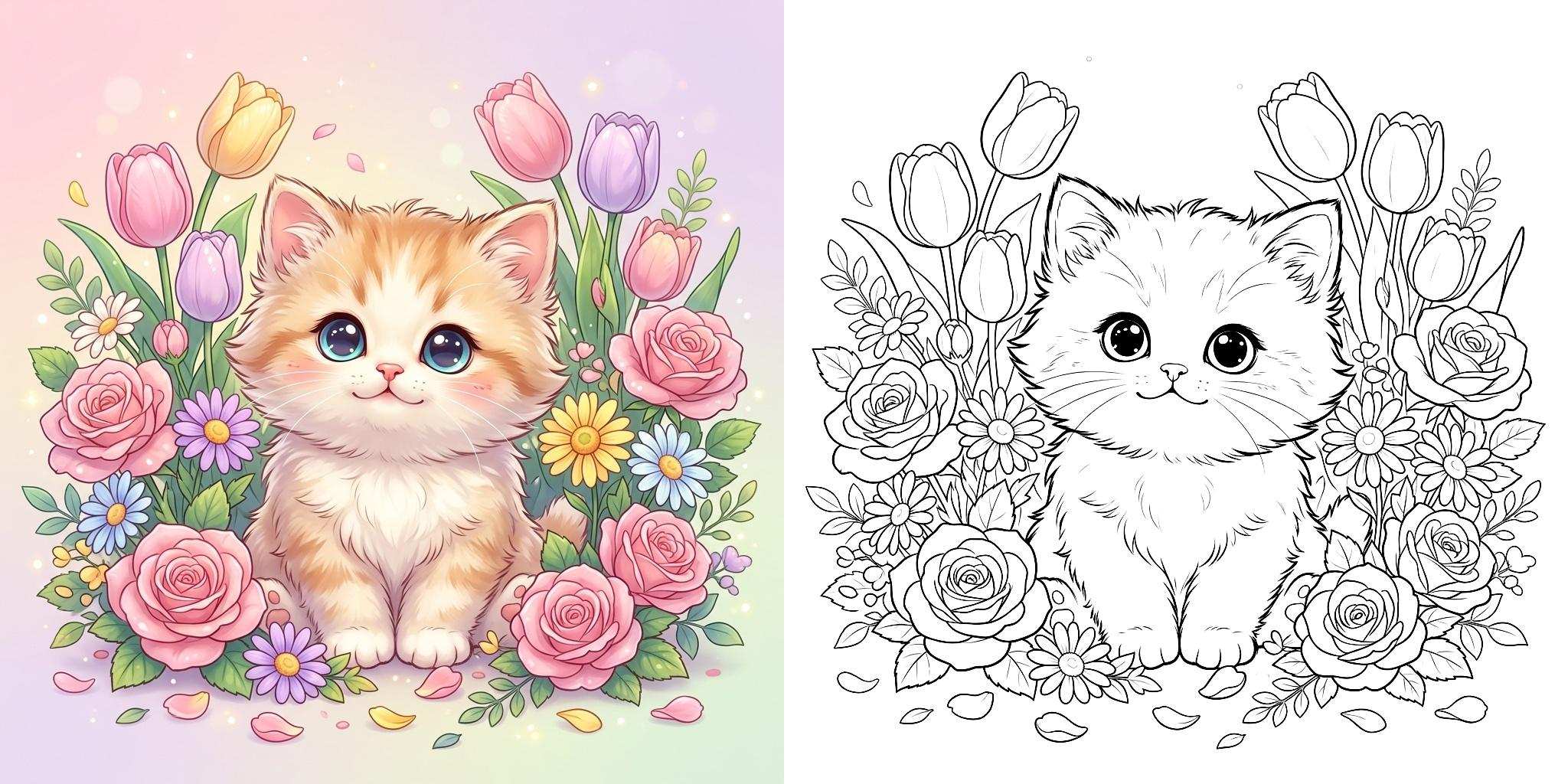 ft - 猫と花 塗り絵 ft