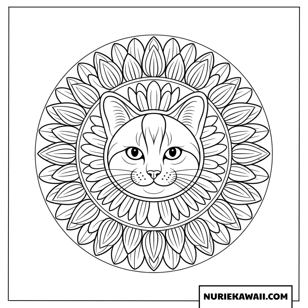 猫の顔と太陽のような曼荼羅模様の塗り絵