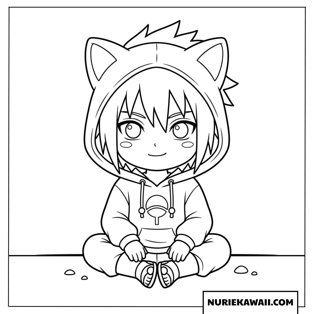 猫耳フードのパーカーを着てちょこんと座るちびサスケの塗り絵
