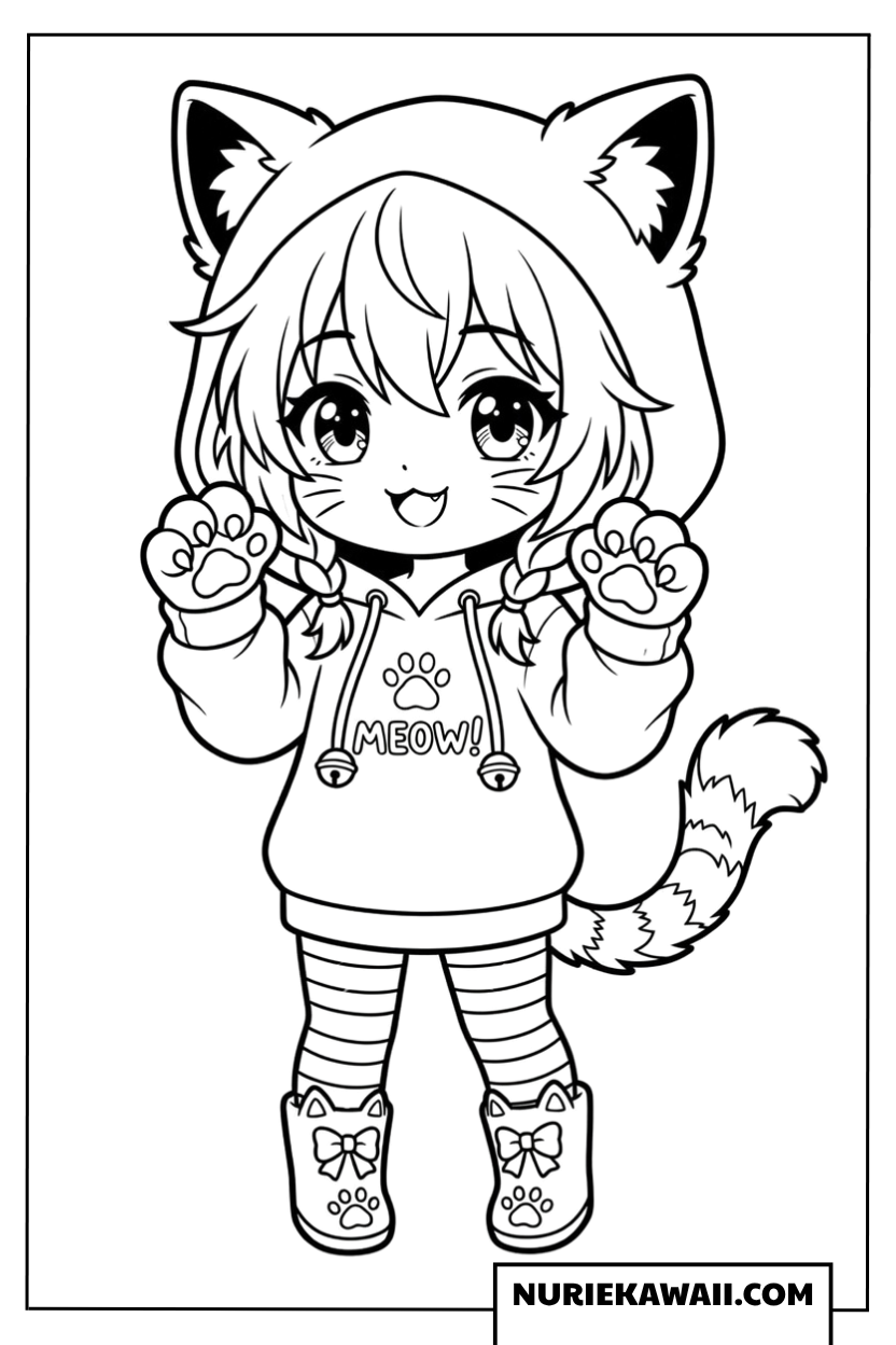 猫耳フードのパーカーを着てポーズをとる可愛いちびキャラ塗り絵