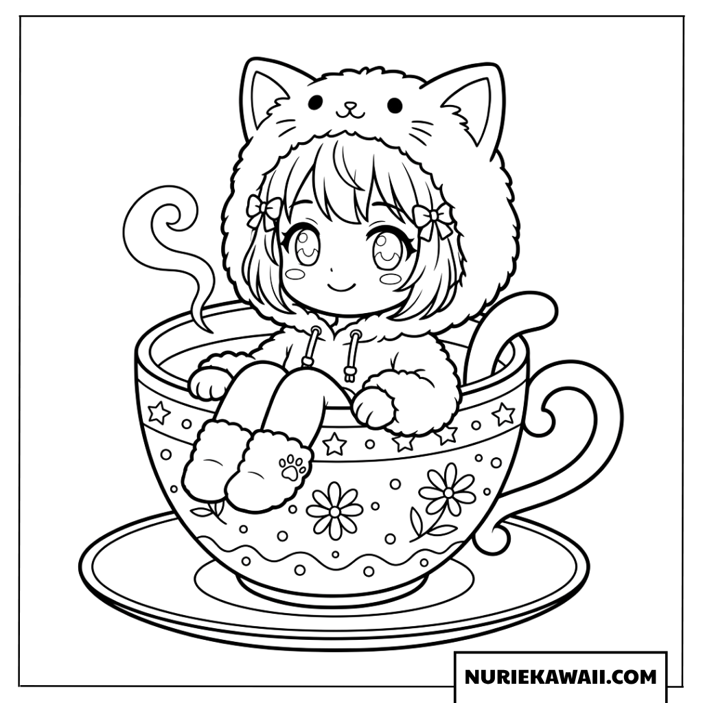 猫耳フードをかぶってティーカップに入ったちびキャラ女の子の塗り絵