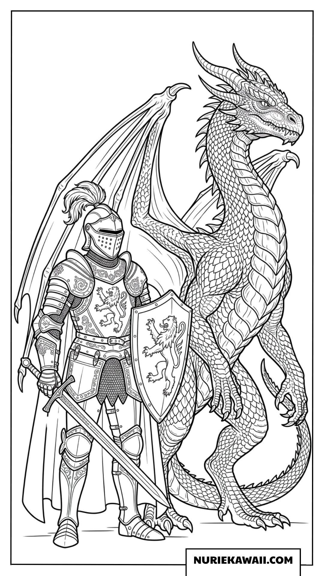 獅子の紋章の鎧を着た騎士と威厳あるドラゴンの塗り絵