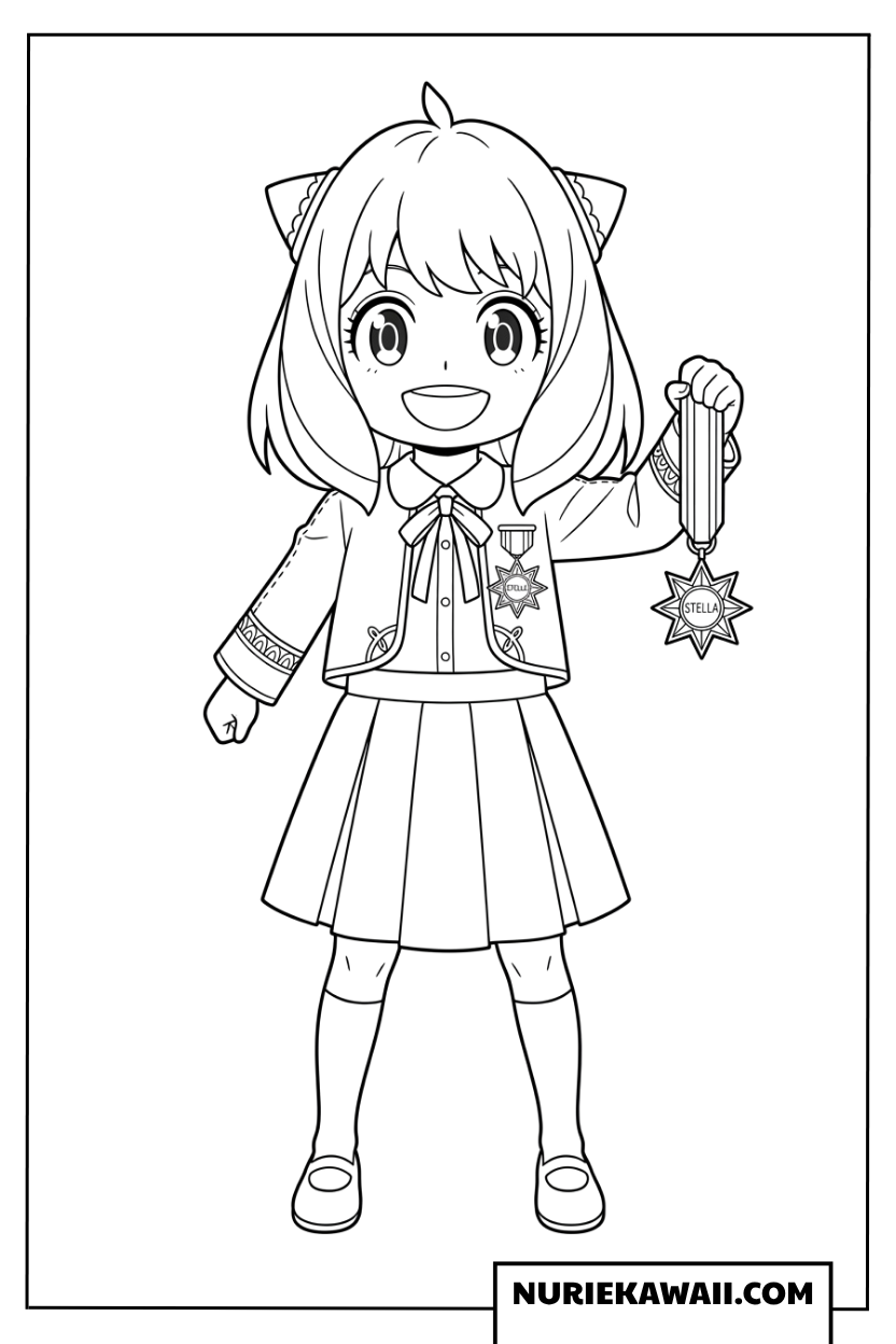 獲得したステラ星のメダルを誇らしげに掲げるアーニャの塗り絵