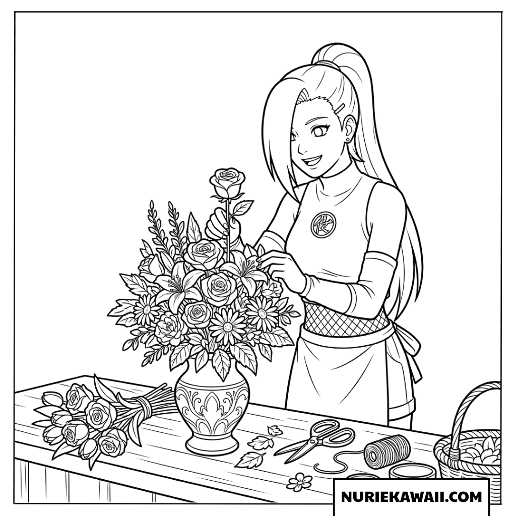 生花店で美しく華やかなフラワーアレンジメントをする山中いのの塗り絵