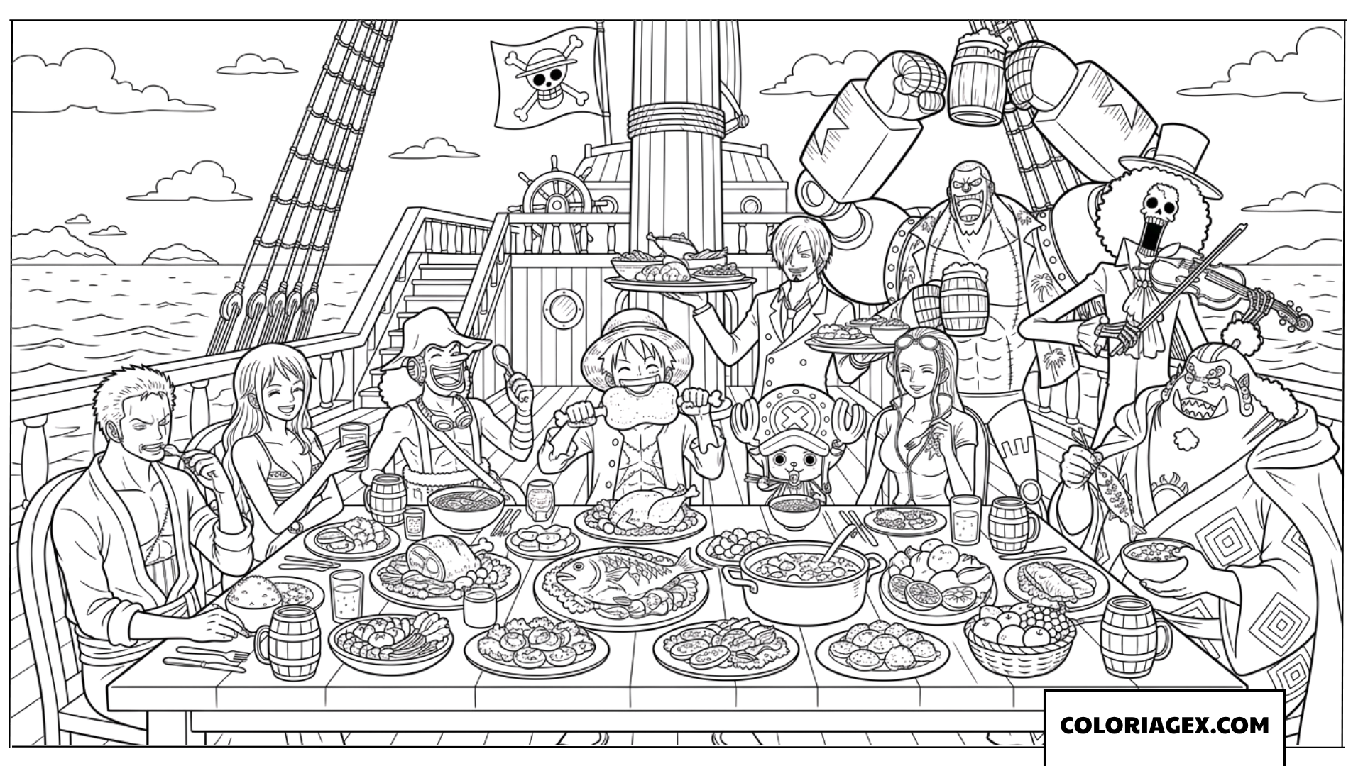 甲板で大ごちそうを囲んでにぎやかに宴会を楽しむ麦わらの一味の塗り絵