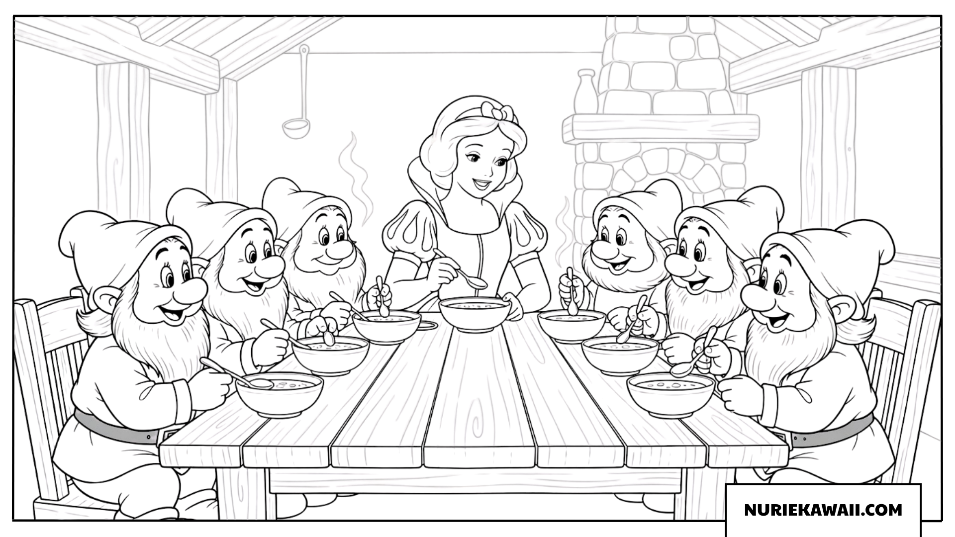 白雪姫と七人の小人が食卓を囲んでスープを食べる塗り絵