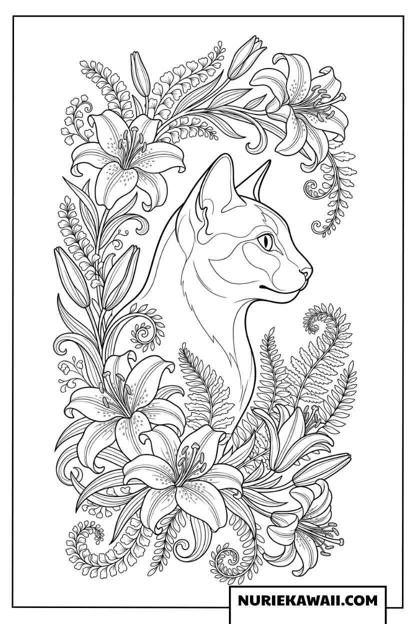 百合の花とシャム猫の横顔の塗り絵