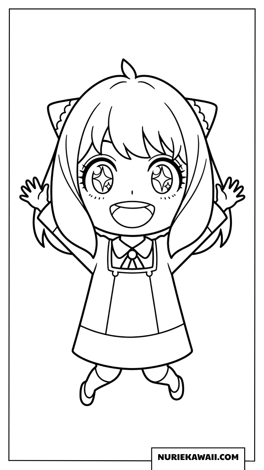 目を輝かせて両手を挙げ大喜びする元気なちびキャラアーニャの塗り絵
