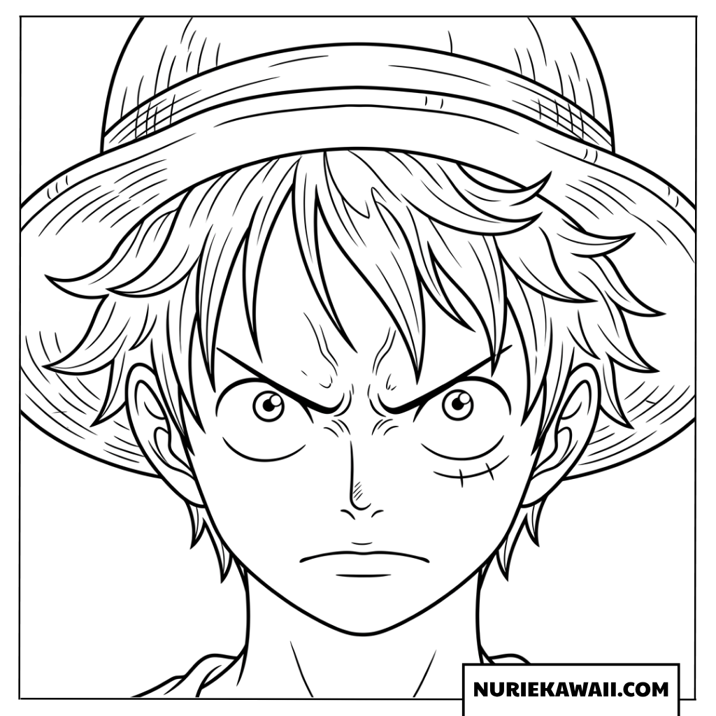 真剣な眼差しで敵を睨みつける戦闘モードのルフィの迫力ある顔アップの塗り絵