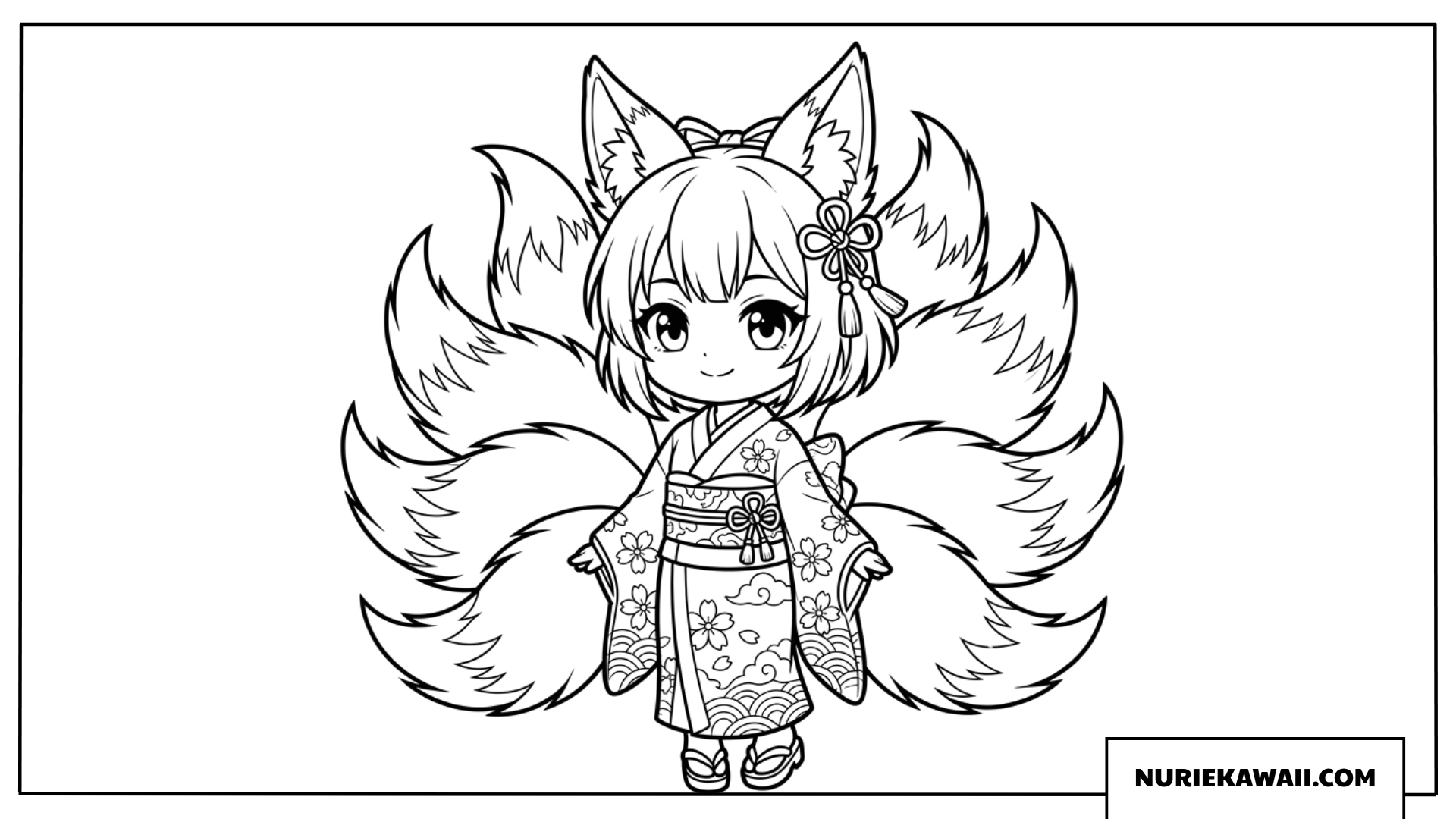 着物を着た九尾の狐ちびキャラ女の子の塗り絵