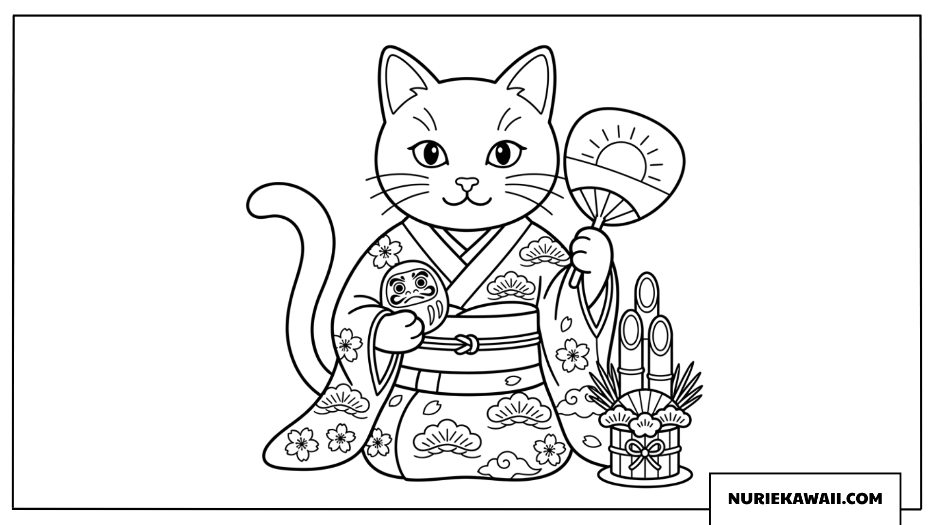 着物を着てお正月をお祝いする可愛い猫の和風塗り絵