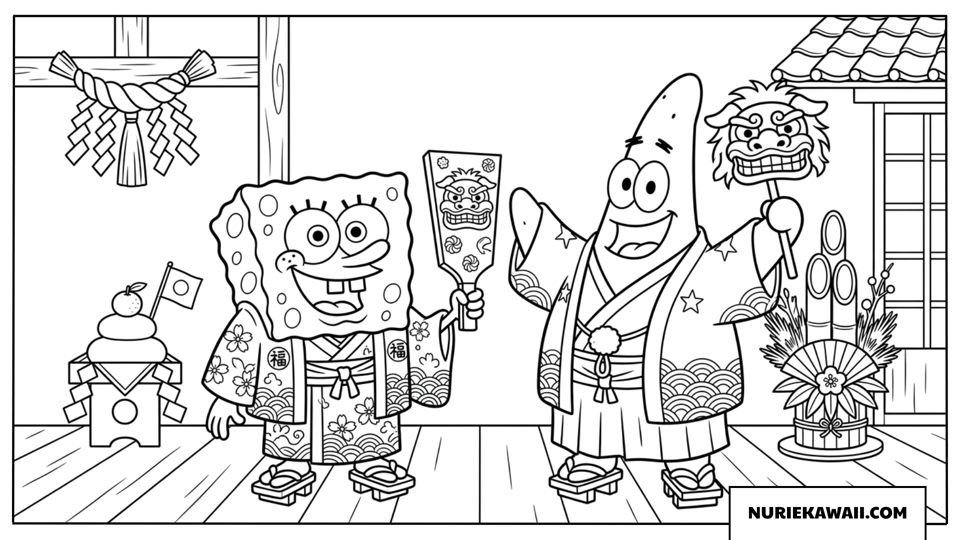 着物を着て日本の正月をお祝いするスポンジボブとパトリックの塗り絵