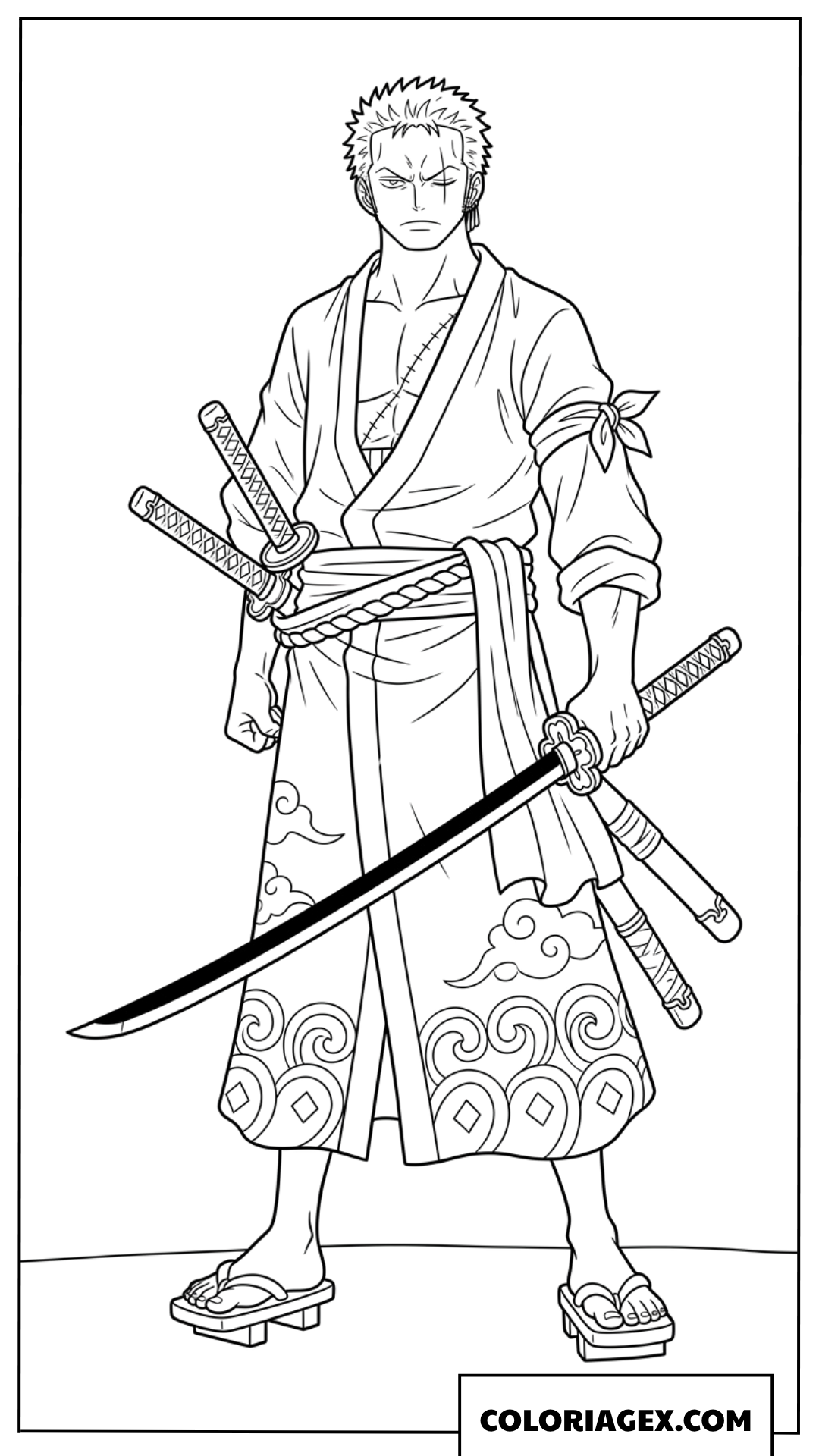 着物を身にまとい名刀閻魔を手にするゾロの立ち姿の塗り絵