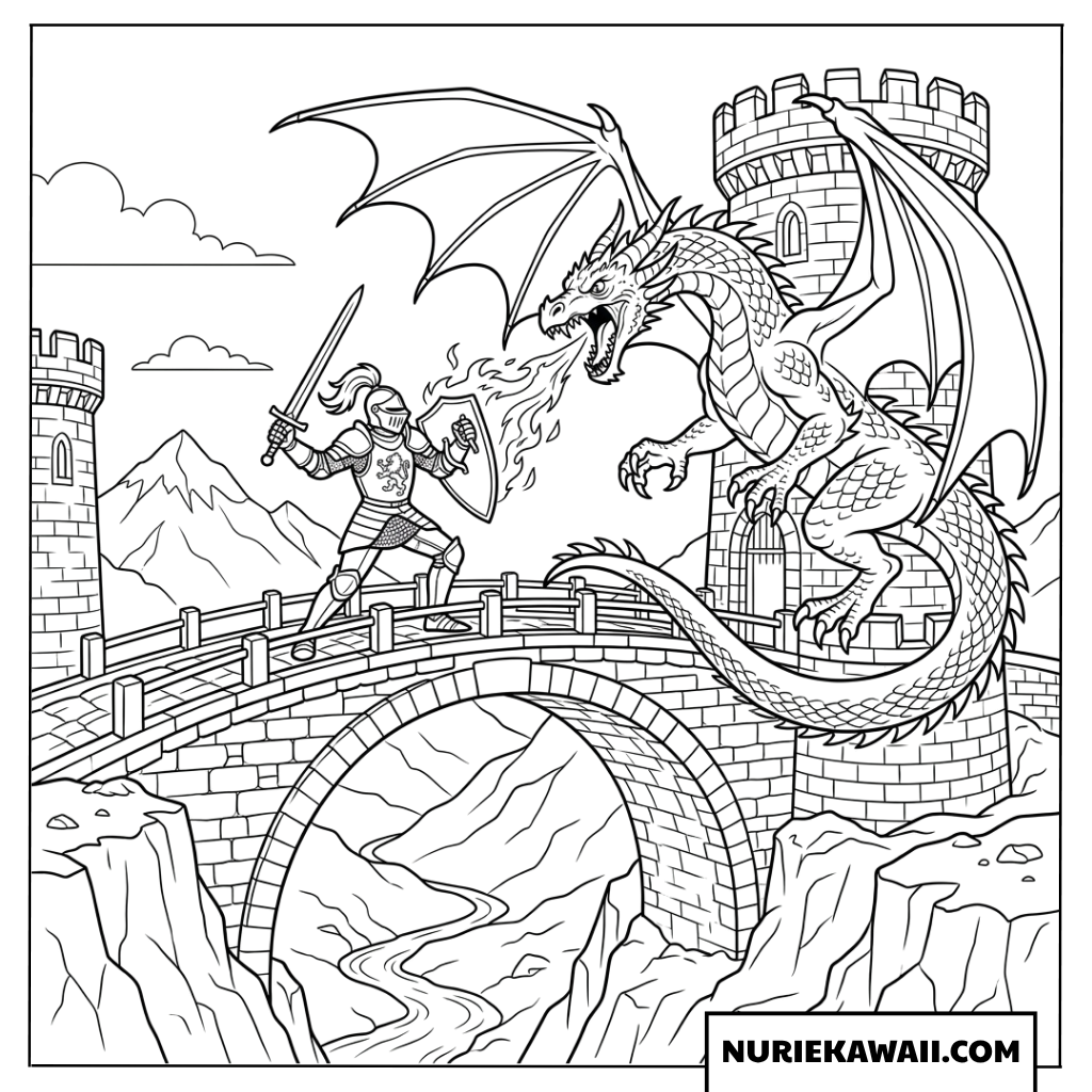 石橋の上で戦う騎士とドラゴンの塗り絵