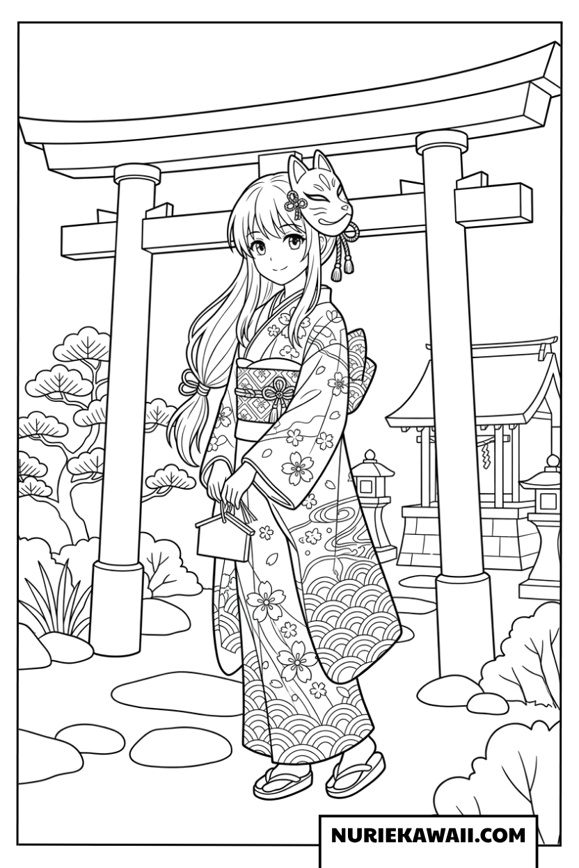 神社の鳥居の前で狐のお面をつけた着物姿のアニメの女の子の塗り絵