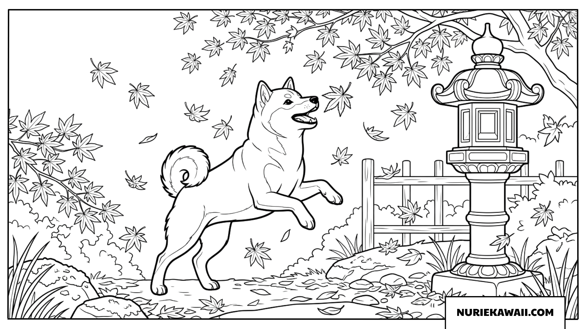 秋の風に吹かれて舞い散る美しいもみじの葉を元気に追いかけて跳ねる柴犬の塗り絵