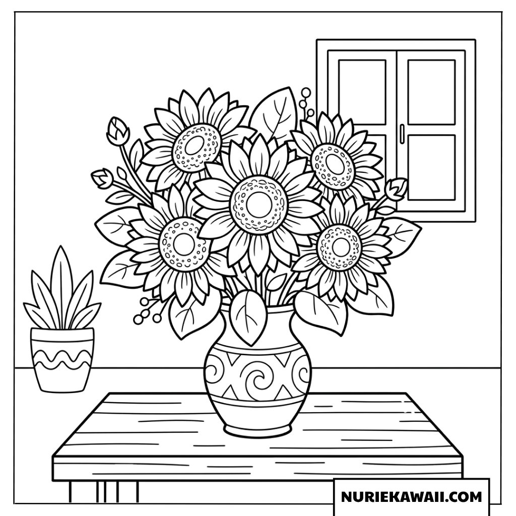 窓辺のテーブルに飾られた華やかなひまわりの花瓶の塗り絵