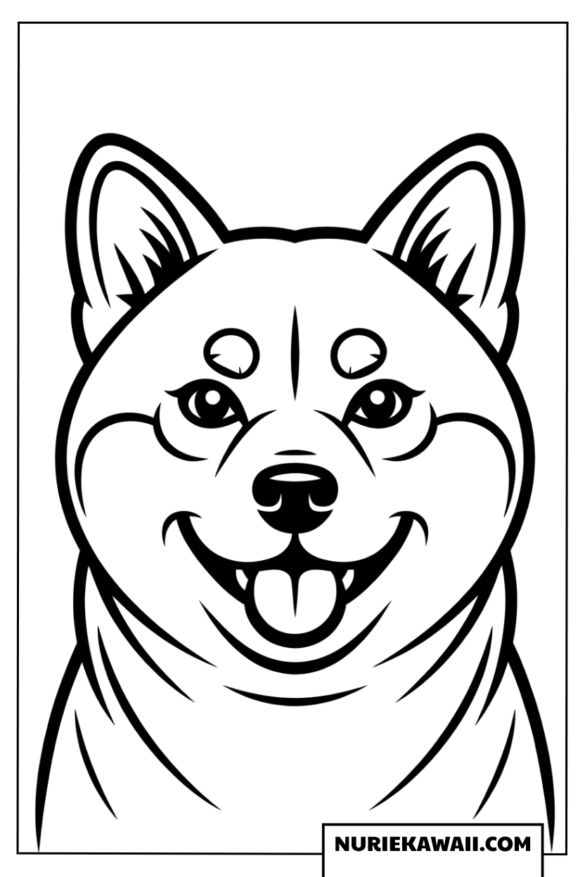 笑顔でこちらを見つめる可愛い柴犬の顔のアップを大きく描いた塗り絵