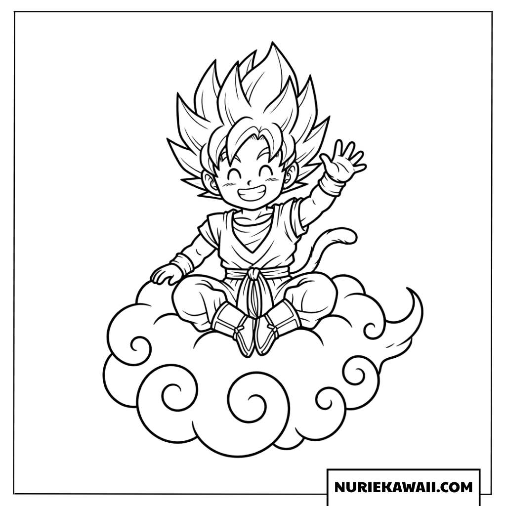 筋斗雲に乗って笑顔で手を振るちび孫悟空の塗り絵