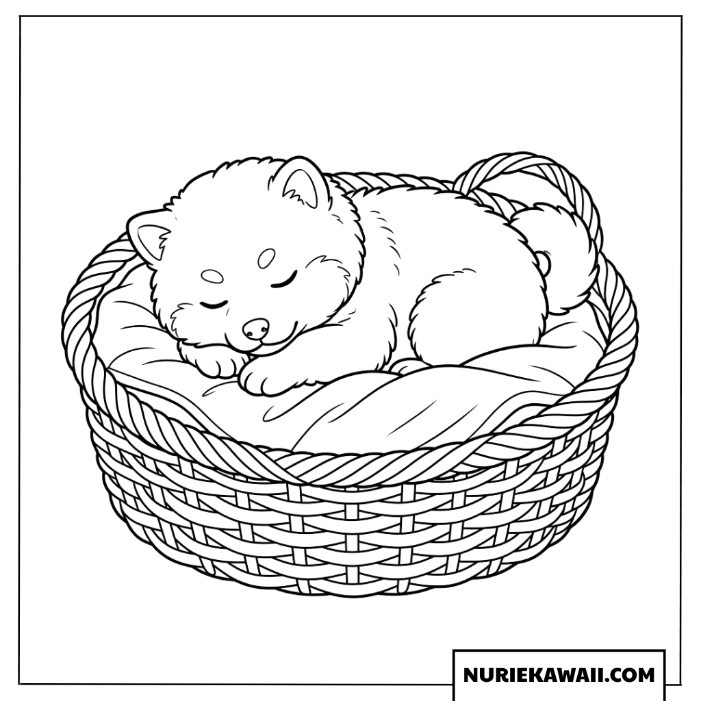 編みかごの中のふかふかなクッションの上で気持ちよさそうに眠る柴犬の子犬の塗り絵
