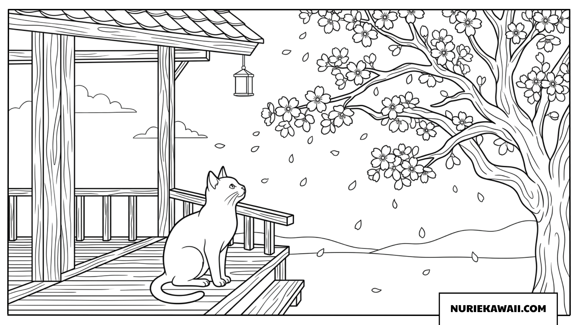 縁側から春の桜吹雪を眺める猫の塗り絵