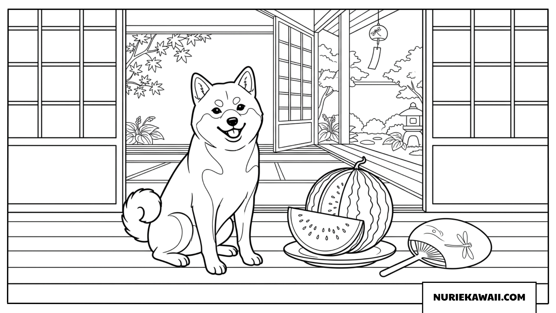 縁側で大きなスイカとうちわの横に座って夏の涼を楽しむ可愛い柴犬の和風塗り絵
