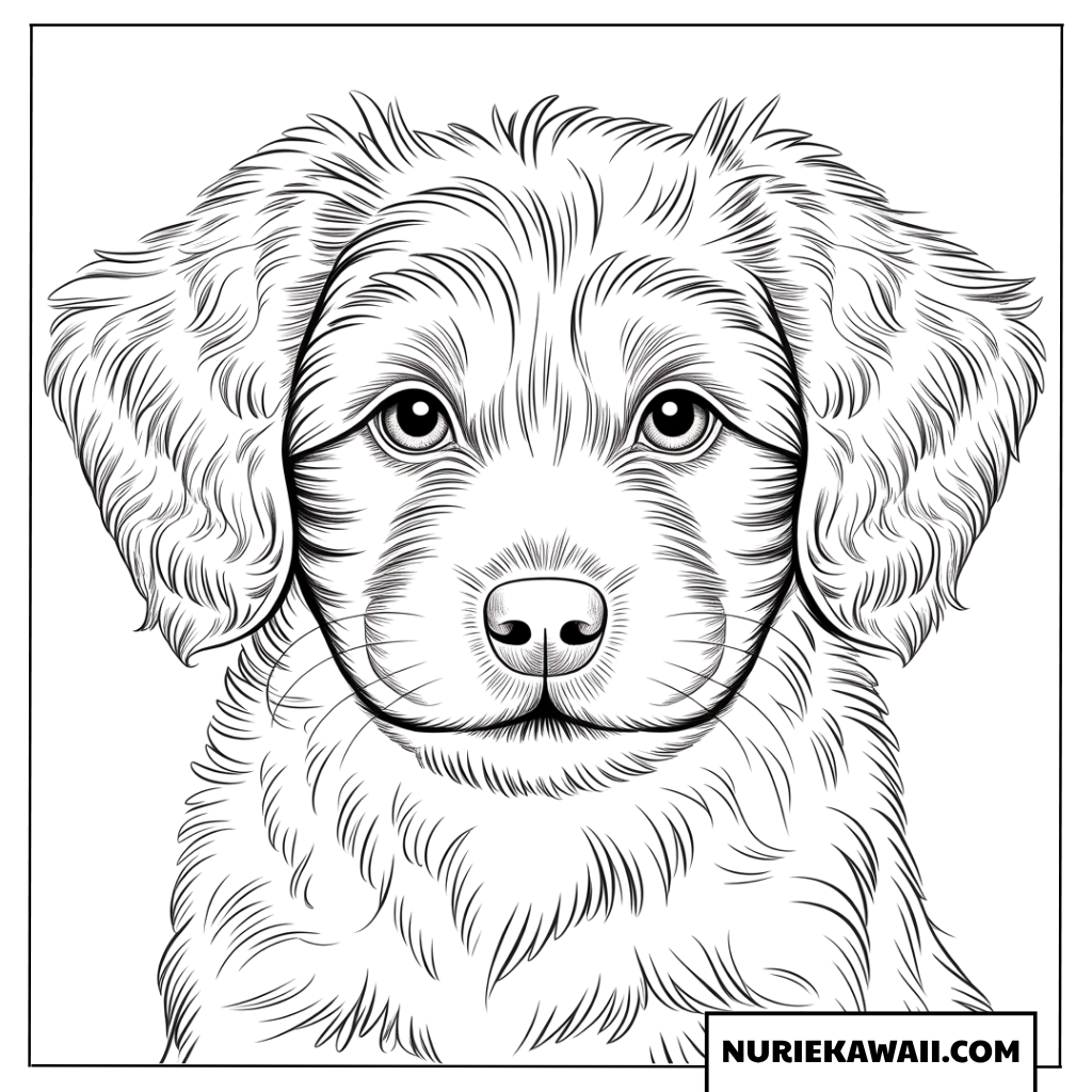 繊細な毛並みがリアルに描かれた長毛種の子犬のポートレート塗り絵