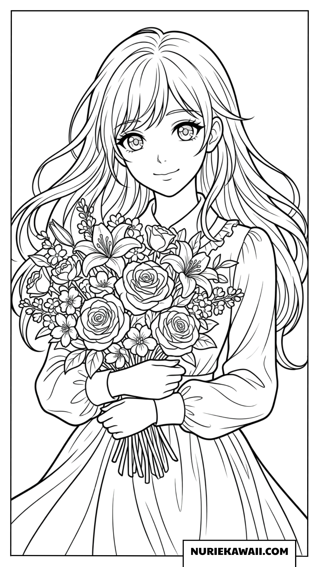 美しいバラとユリの花束を優しく抱きしめる笑顔のアニメの女の子の塗り絵